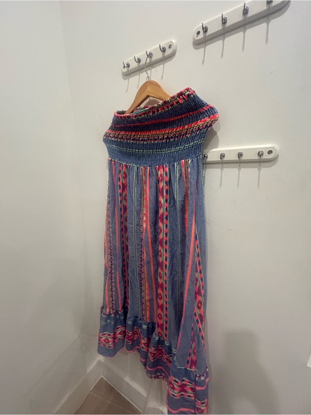 Bohemian Smocked Maxi strapless dress in Blue and Pink